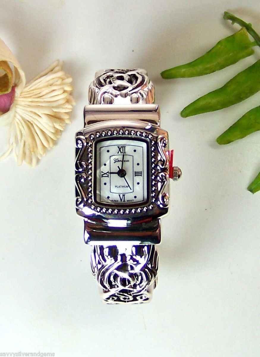 Designer Inspired Geneva Platinum Cuff Bracelet Watch Fits All Sizes