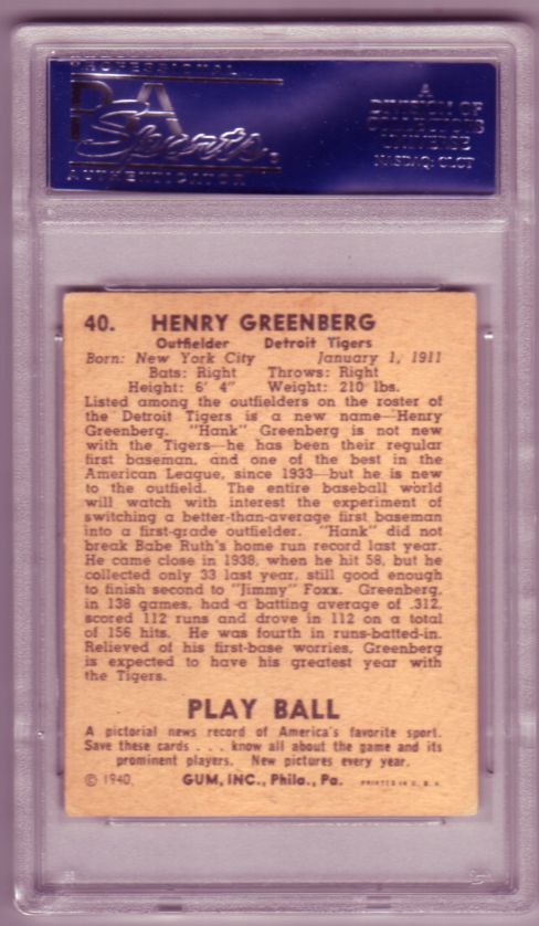 Hank Greenberg Dec 1986 Signed 1940 Play Ball PSA 8 PSA DNA
