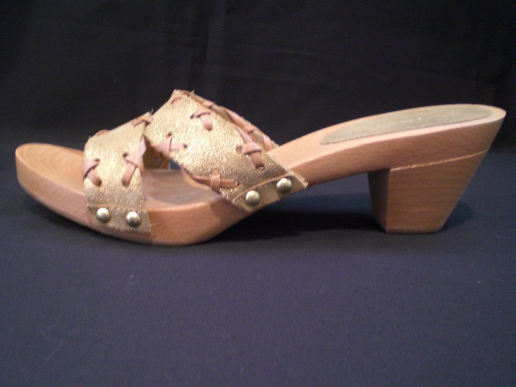 Gold Slides Tommy Hilfiger Wood Sandals Shoes Sparkle Platform Glitter