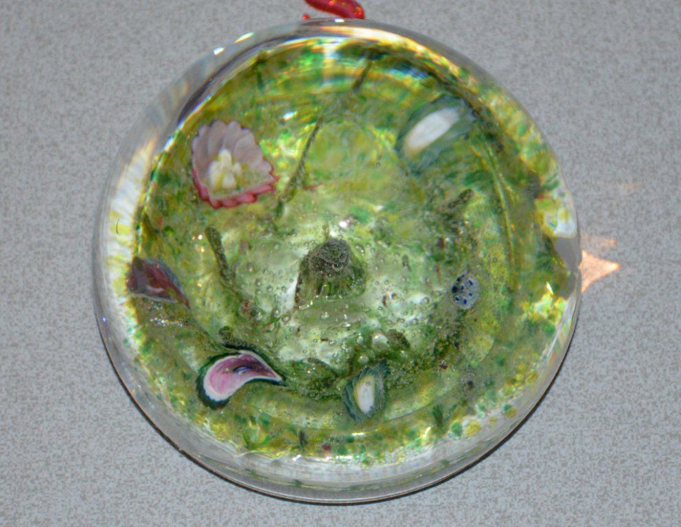  VAL ST LAMBERT CLEAR GLASS PAPERWEIGHT GREEN BOTTOM W/ VARIOUS DESIGNS