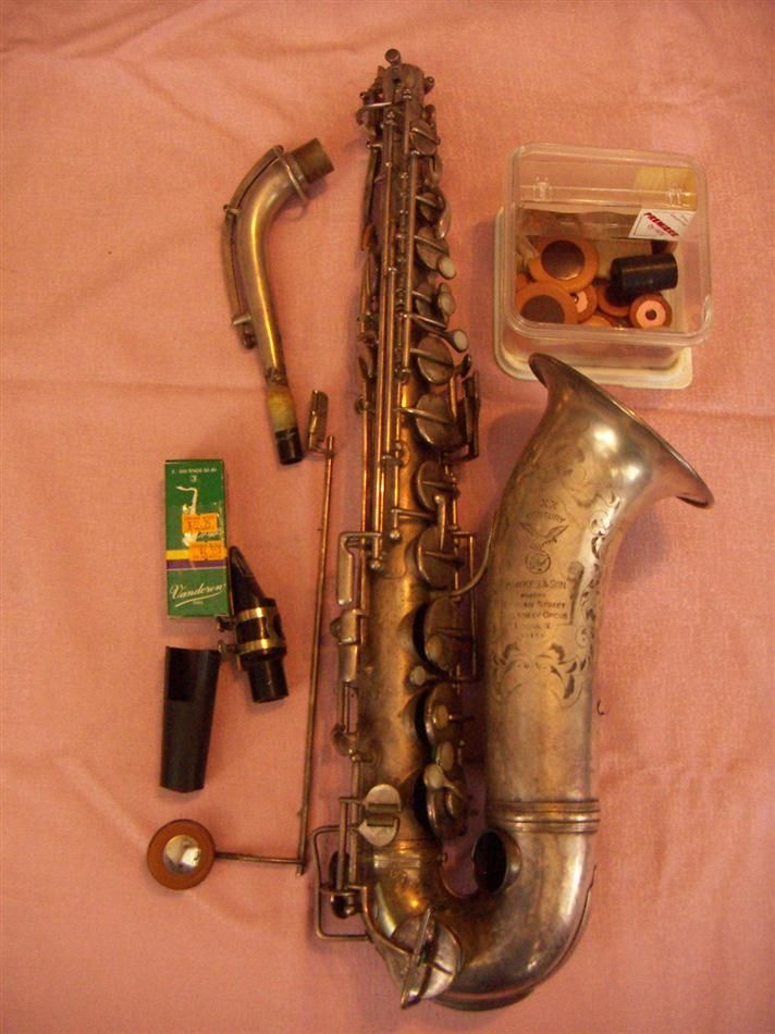 VINTAGE SAXOPHONE HAWKES & SON LONDON MADE IN CASE WITH PARTS SILVER