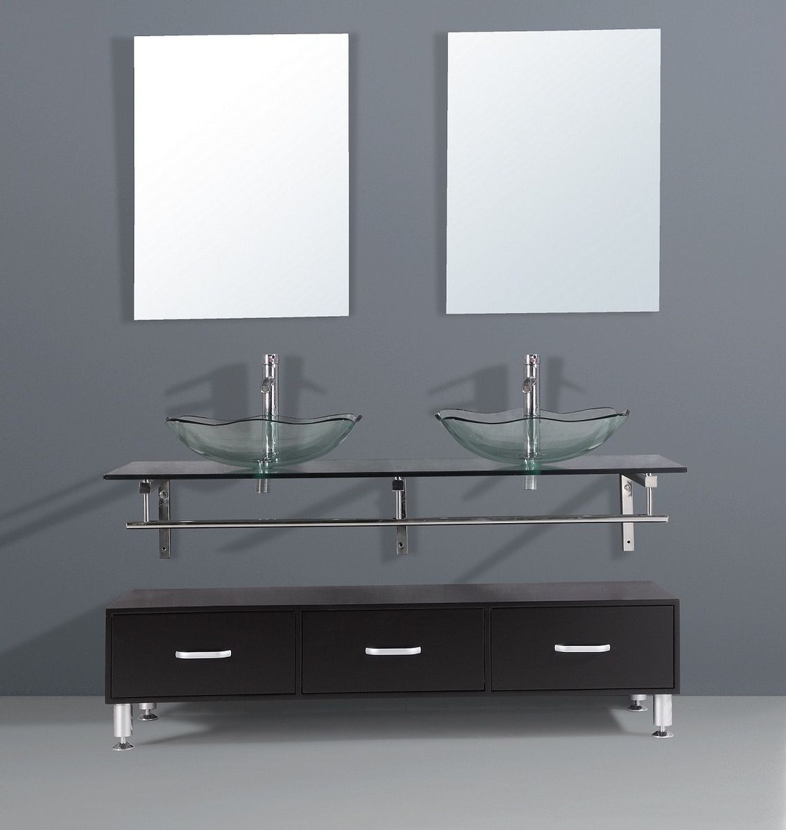 9096 Solid Wood Double Sink Bathroom Vanity Cabinet Tempered Glass