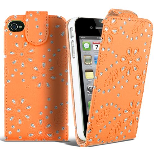Diamond Leather Flip Case Cover Fits Apple iPhone 4 4S Free Screen