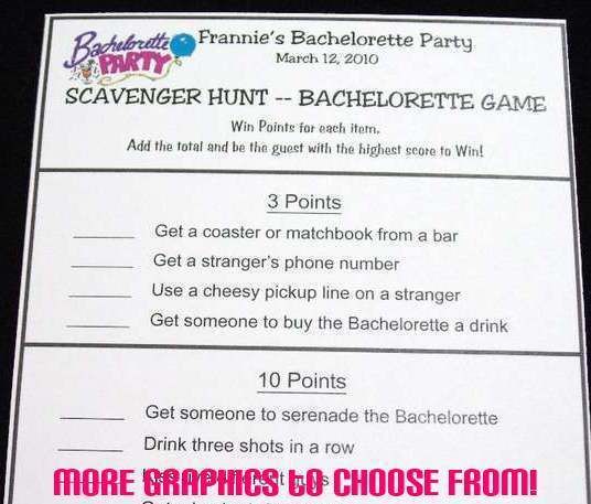 Bachelorette Party Fun Scavenger Hunt Activity Game Cards Persoanlized