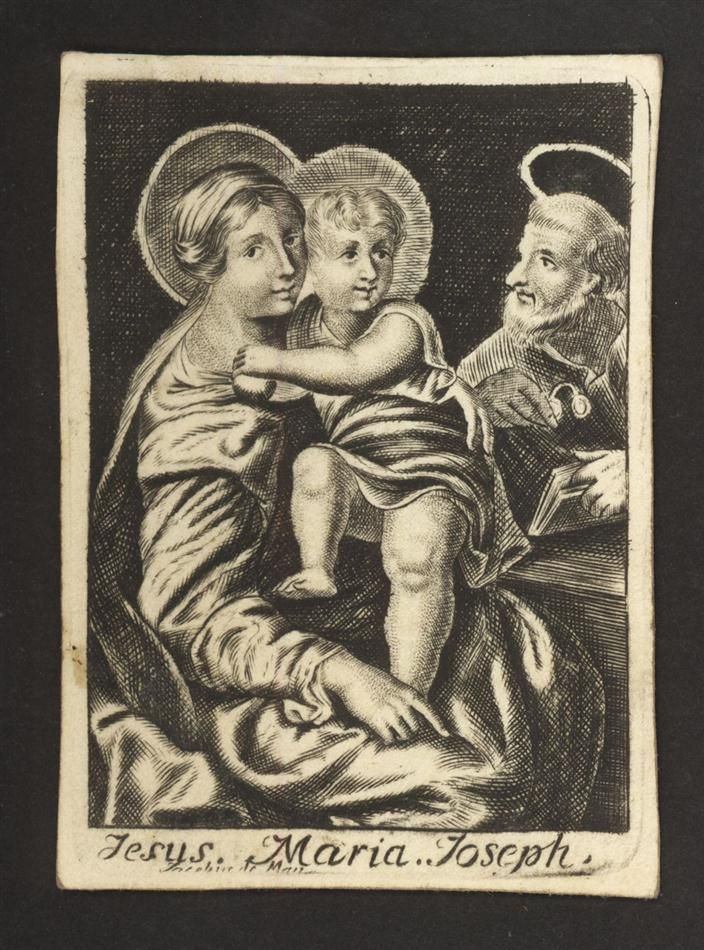 Signed Jacobus de Man Engraving on Vellum 18th Century Holy Family