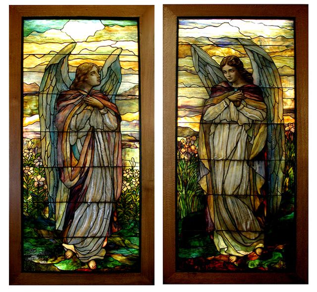 Awesome Pair of 8'H Stained Glass Tiffany Angel Windows  