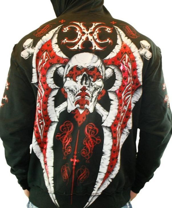 Xtreme Couture MMA Typhoon Red Foil Skull Black Mens Hoodie Jacket XL  