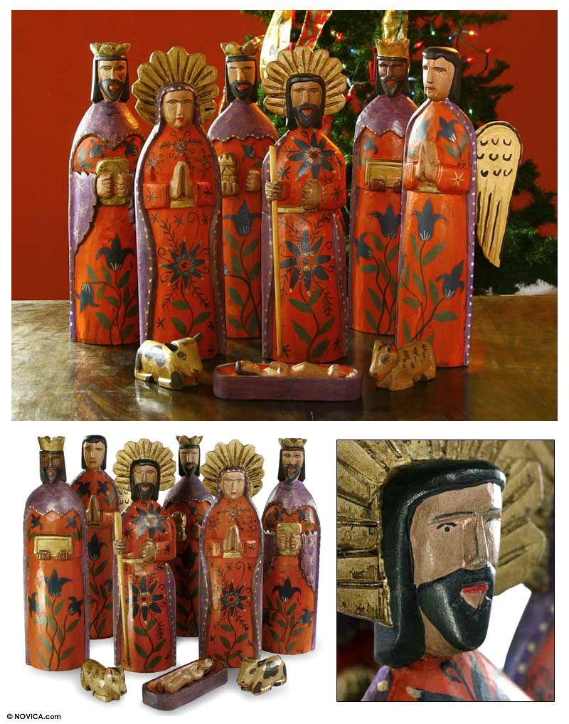 REJOICE Wood Nativity Scene HAND CRAFTED PAINTED Set of 9 Large 15 Tall Pc s  