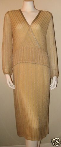 Vintage Judith Ann Beaded Disco Dress Gold Silk 1970s Size S
