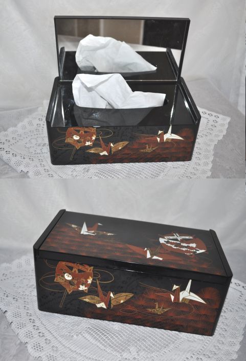 Vintage TISSUE BOX HOLDER Mirror Origami Japanese kleenex cover Black