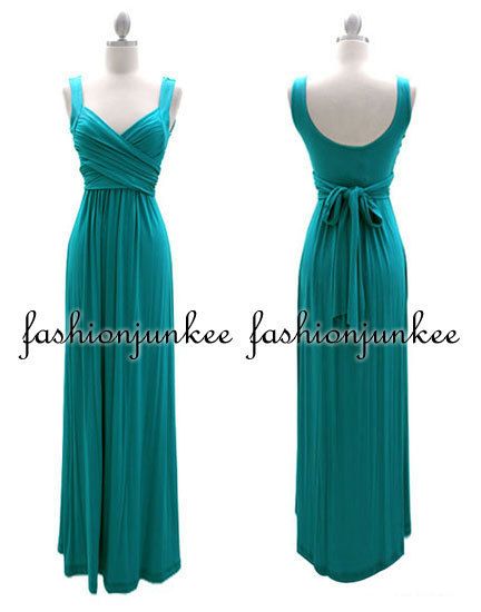 BLUE GREEN LONG Crossover Faux Wrap Dress Vintage Maxi Full Length