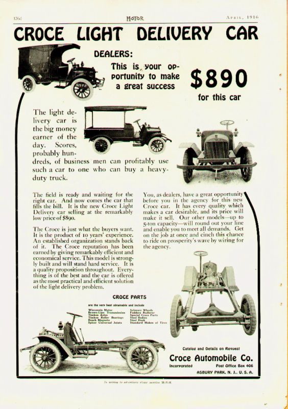 1916 Croce Light Delivery Truck Car Asbury Park NJ Ad
