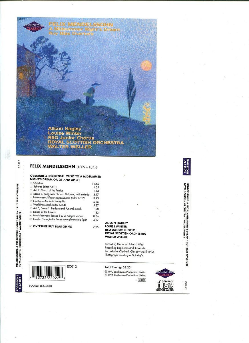 Mendelssohn A Midsummer Nights Dream Ruy Blas Overtu Audio Music CD
