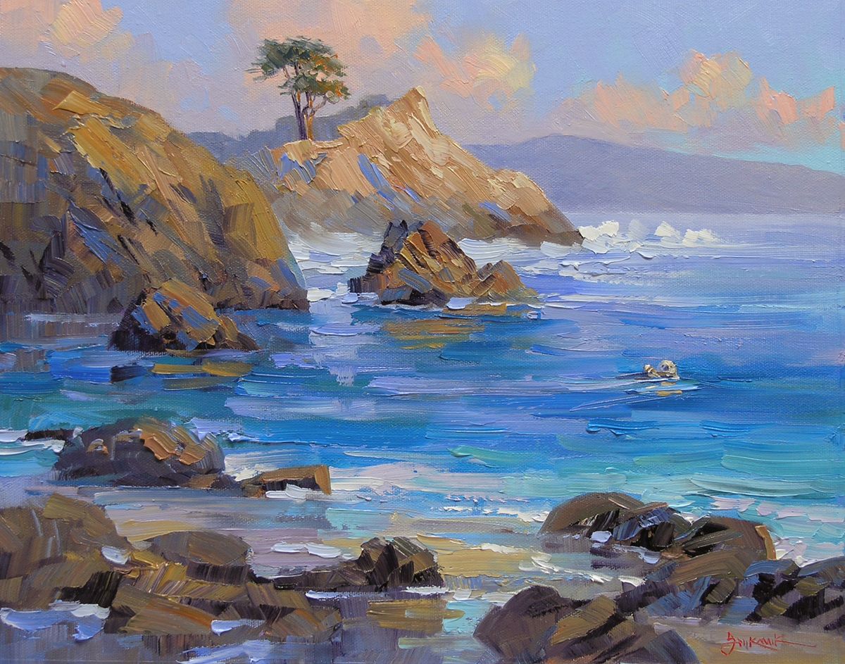 Mikki Senkarik Original Oil Painting Carmel Lone Cypress Sea Otter