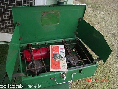 1965 Coleman camp stove camping gear gas fuel Canada tent green red