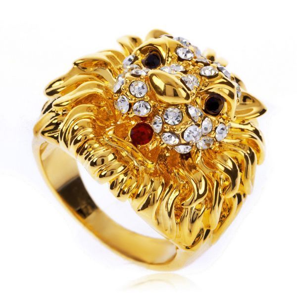 Lion Head Cocktail Fashion Ring 18K Yellow Gold GP Swarovski Crystal